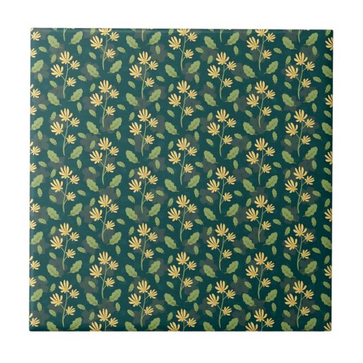 Vibrant Green Pattern with Yellow Flowers & Leaves Tegeltje (Voorkant)