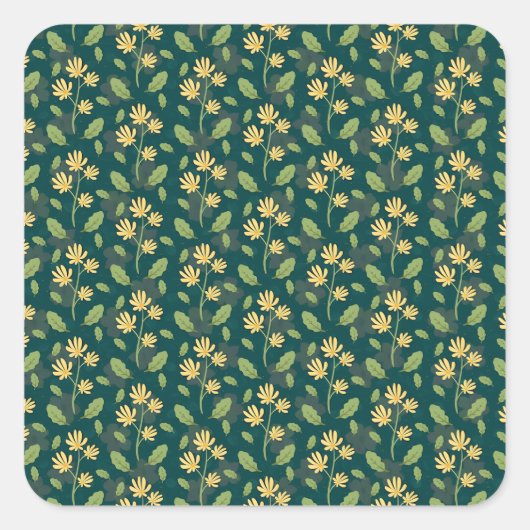 Vibrant Green Pattern with Yellow Flowers & Leaves Vierkante Sticker (Voorkant)