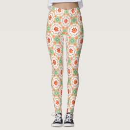 Vibrant Green & Terracotta Floral Diamond Pattern Leggings
