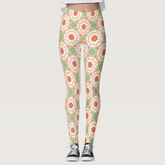 Vibrant Green & Terracotta Floral Diamond Pattern Leggings (Voorkant)