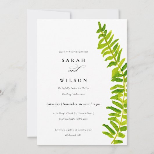VIBRANT GREEN WATERVERF FERN FOLIAGE WEDDING KAART (Voorkant)