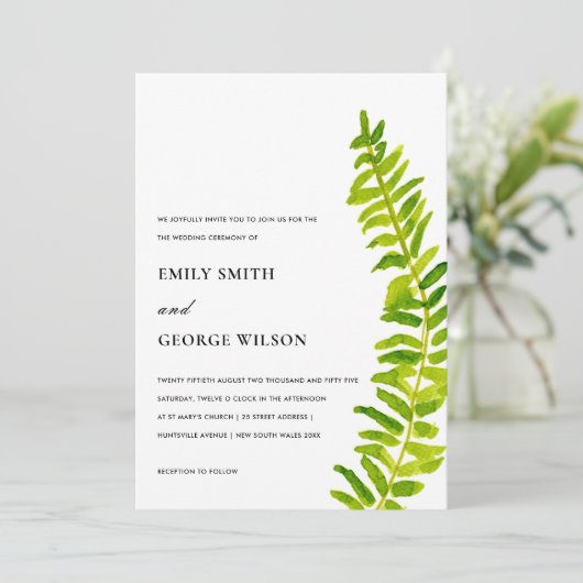 VIBRANT GREEN WATERVERF FERN FOLIAGE WEDDING KAART (Staand voorkant)