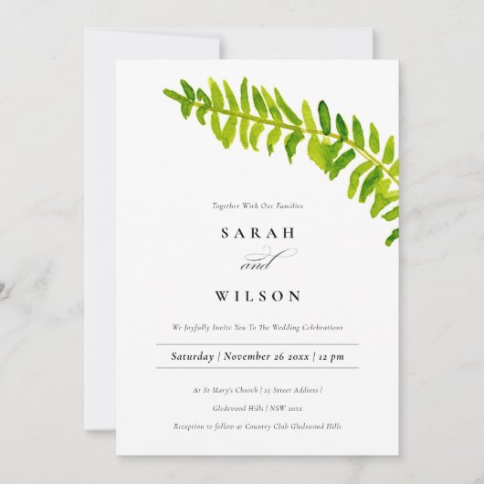 VIBRANT GREEN WATERVERF FERN FOLIAGE WEDDING KAART (Voorkant)