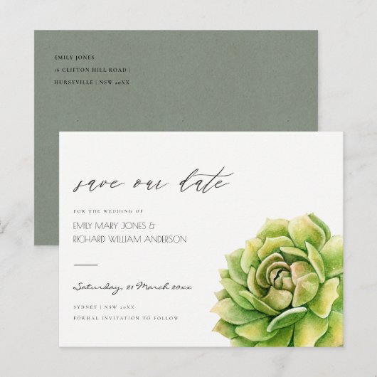 VIBRANT GROEN WATERVERF SUCCULT BEWAAKT DE DATUM AANKONDIGINGSKAART (Voorkant / Achterkant)