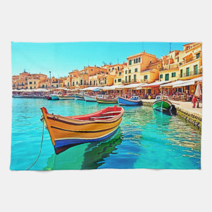 Vibrant Harbour: mediterrane gelukzaligheid Theedoek