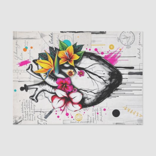 Vibrant Hart & Tropische Bloemen Decoupage | stout Tissuepapier (Voorkant)