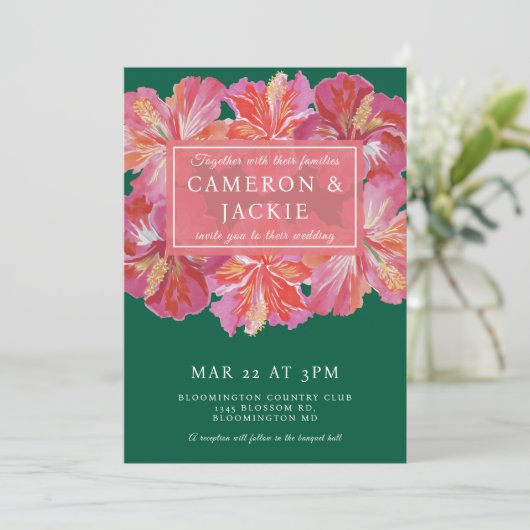 Vibrant Hibiscus Green Tropical Wedding  Kaart (Staand voorkant)