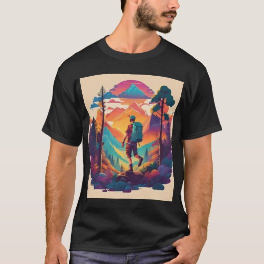 Vibrant Hiker in a Sunset Forest  T-shirt (Voorkant)