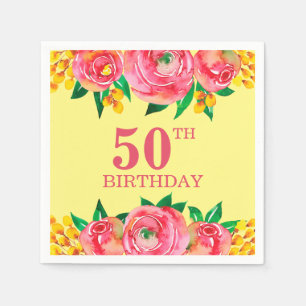 Vibrant Hot Pink en Gele Waterverf Floral Servet