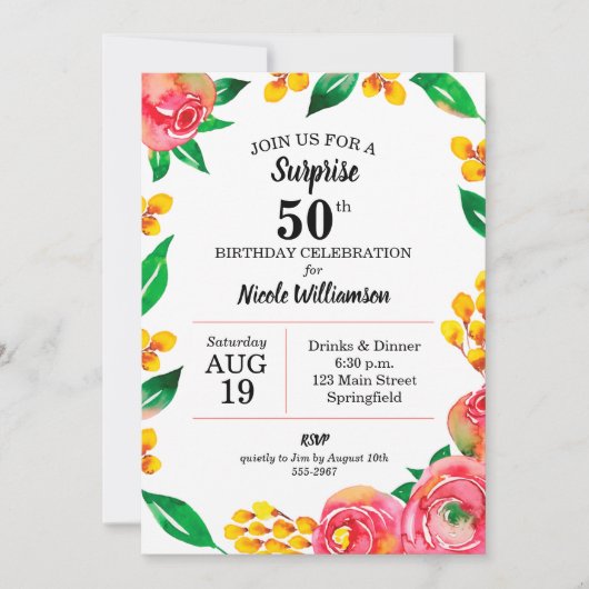 Vibrant Hot Pink Flowers Surprise Birthday Invites (Voorkant)