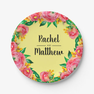 Vibrant Hot Pink Waterverf Flowers op geel Papieren Bordje