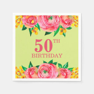 Vibrant Hot Pink Yellow Limoen Waterverf Floral Servet