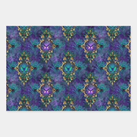 Vibrant Illustrated Peacock Pattern Inpakpapier Vel (Voorkant)