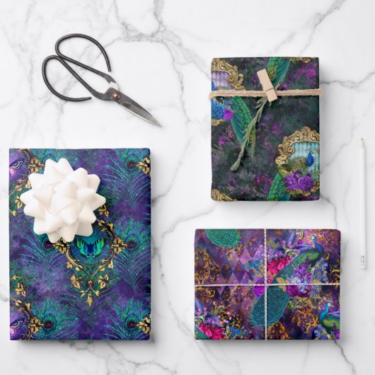 Vibrant Illustrated Peacock Pattern Inpakpapier Vel (Voorkant)