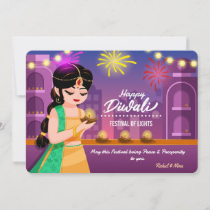 Vibrant Indiaas meisje gelukkig Divali lichtfestiv Feestdagenkaart