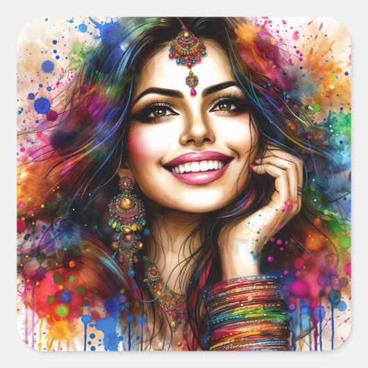 Vibrant Indian Beauty Festival Art Vierkante Sticker (Voorkant)