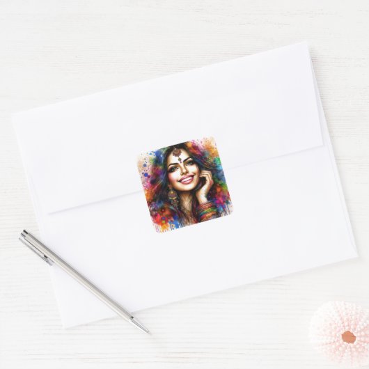 Vibrant Indian Beauty Festival Art Vierkante Sticker (Envelop)