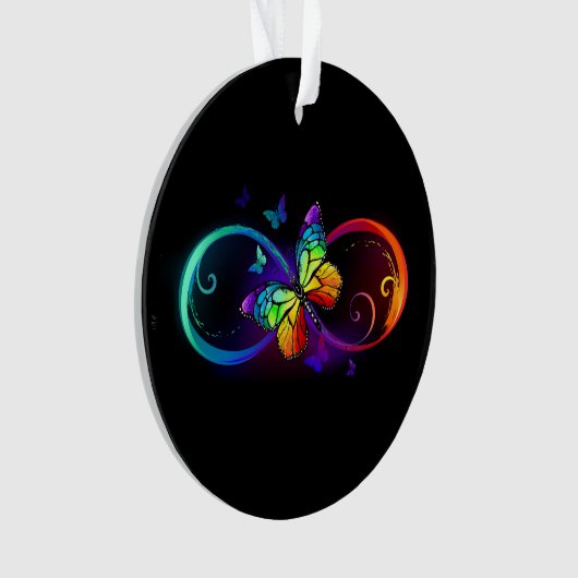 Vibrant infinity with rainbow butterfly on black ornament (voorkant)