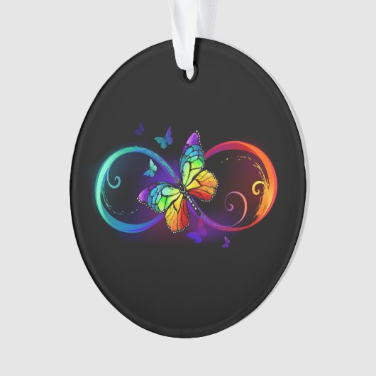 Vibrant infinity with rainbow butterfly on black ornament (voorkant)