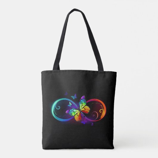 Vibrant infinity with rainbow butterfly on black tote bag (Achterkant)