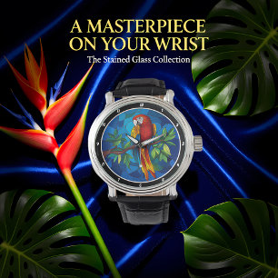 "Vibrant Jungle Jewel" - Glas-in-lood Papegaai Wan Horloge
