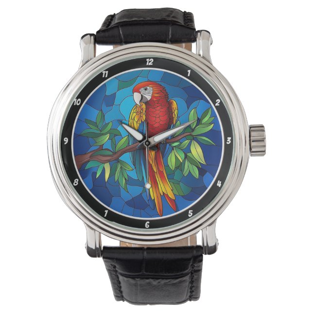 Vibrant Jungle Jewel" - Stained Glass Parrot Wall Horloge (Voorkant)