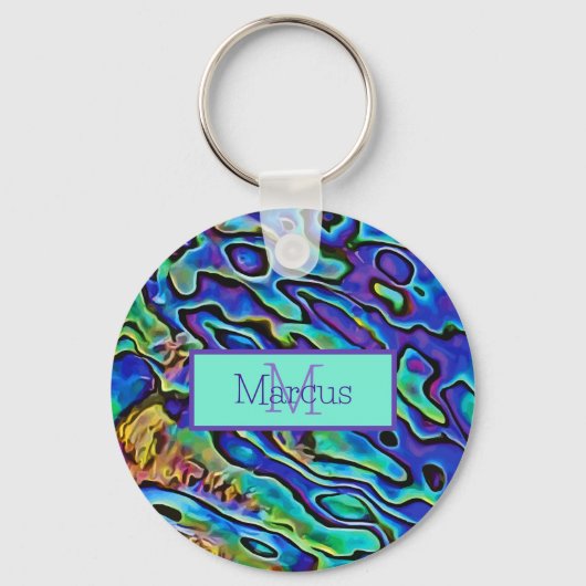 Vibrant, kleurrijke Abalone Shell Monogramed Sleutelhanger (Voorkant)
