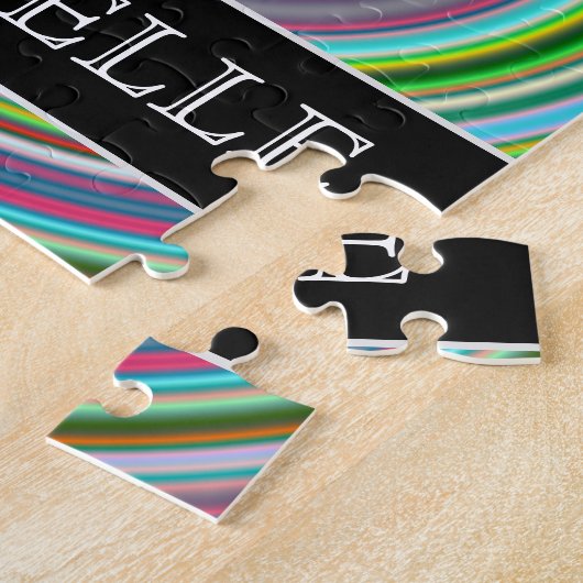 Vibrant kleurrijke cirkels/ringpatroon + naam legpuzzel (Zijkant)