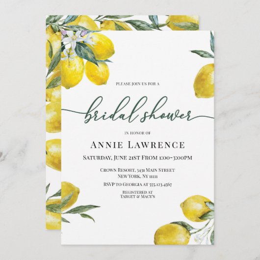 Vibrant Lemon Bridal Shower Invitations Kaart (Voorkant / Achterkant)