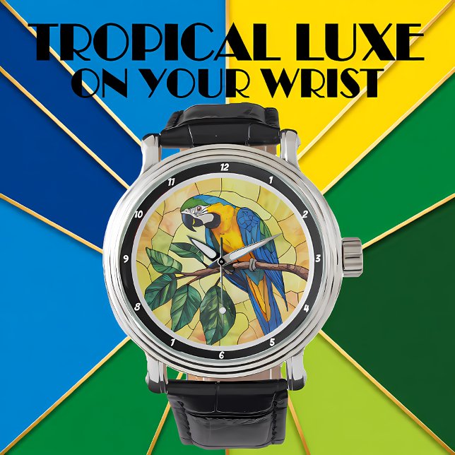 Vibrant Macaw Parrot and Tropical Leaves Design Horloge (Creator heeft geüpload)