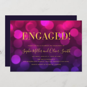 Vibrant Magenta Bokeh Faux Gold Engagement Party Kaart