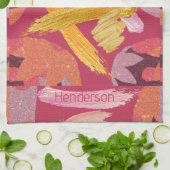 Vibrant Magenta en Gold Abstract Theedoek (Gevouwen)