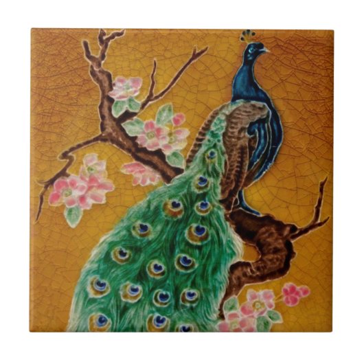 Vibrant Majolica Peacock Repro Antiek Tile Tegeltje (Voorkant)