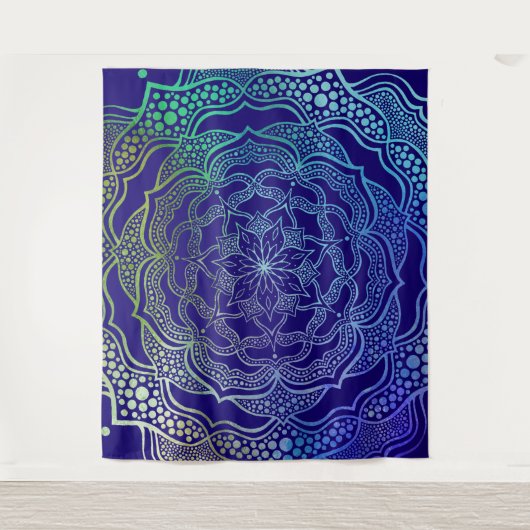 Vibrant Mandala Boho Chic Elegant Navy Blue Green Wandkleed (Voorkant)
