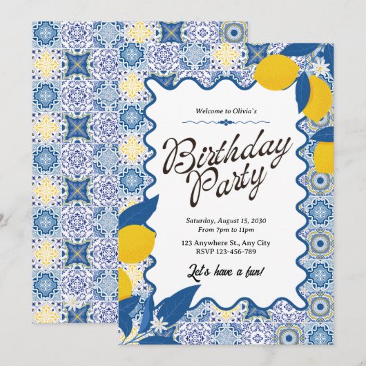 Vibrant Mediterranean Lemon & Blue Birthday Kaart (Voorkant / Achterkant)