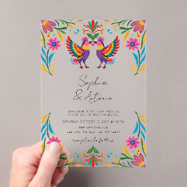 Vibrant Mexican Birds Otomi Floral Fiesta Wedding Acryl Uitnodigingen