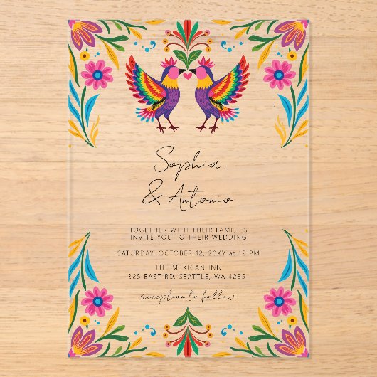 Vibrant Mexican Birds Otomi Floral Fiesta Wedding Acryl Uitnodigingen (Voorkant)