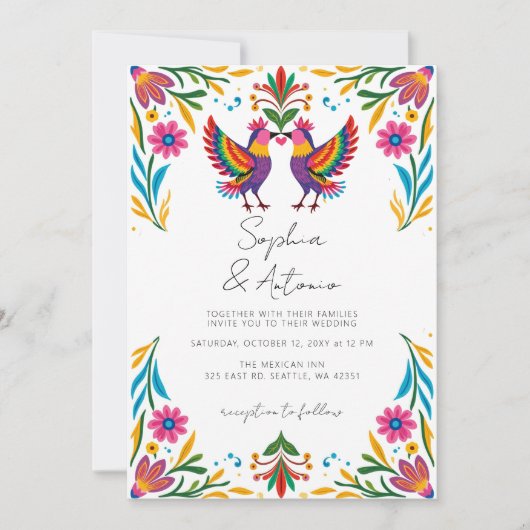 Vibrant Mexican Birds Otomi Floral Fiesta Wedding Kaart (Voorkant)