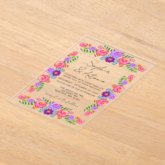 Vibrant Mexican Floral Fiesta Wedding Acryl Uitnodigingen (Laagn)