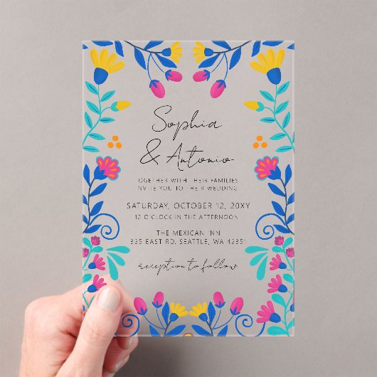 Vibrant Mexican Floral Fiesta Wedding Acryl Uitnodigingen (Insitu (Draagbaar))