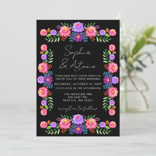 Vibrant Mexican Floral Fiesta Wedding Kaart (Staand voorkant)