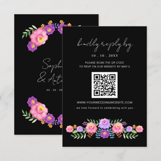 Vibrant Mexican Floral Fiesta Wedding QR code RSVP Kaartje (Voorkant / Achterkant)