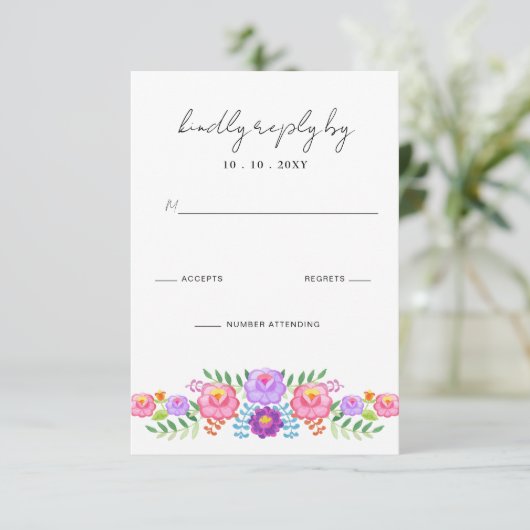 Vibrant Mexican Floral Fiesta Wedding RSVP Kaartje (Staand voorkant)