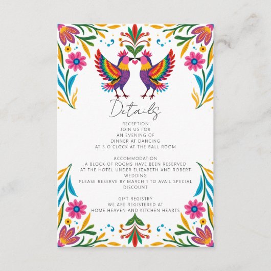 Vibrant Mexican Otomi Birds Floral Fiesta Wedding Informatiekaartje (Voorkant)