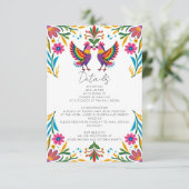 Vibrant Mexican Otomi Birds Floral Fiesta Wedding Informatiekaartje (Staand voorkant)