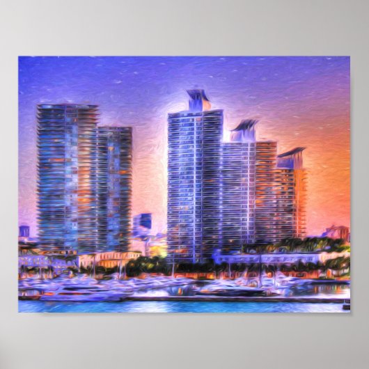 Vibrant Miami Skyline Sunrise Poster (Voorkant)
