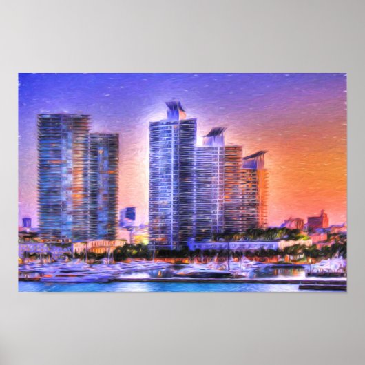 Vibrant Miami Skyline Sunrise Poster (Voorkant)
