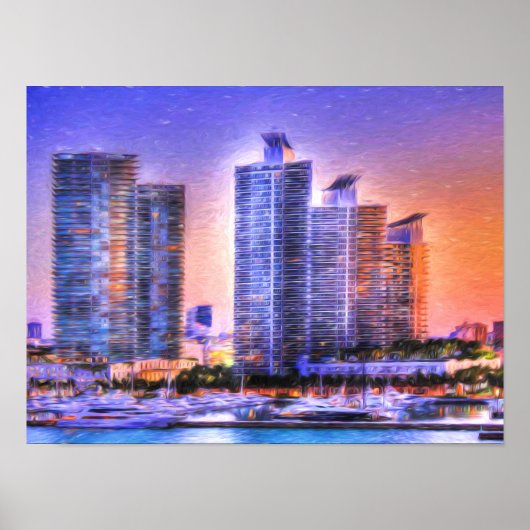 Vibrant Miami Skyline Sunrise Poster (Voorkant)
