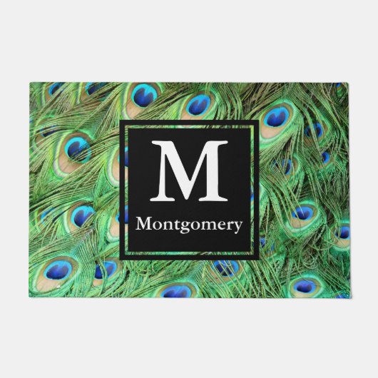 Vibrant Modern Peacock Feathers - Gepersonaliseerd Deurmat (Voorkant)