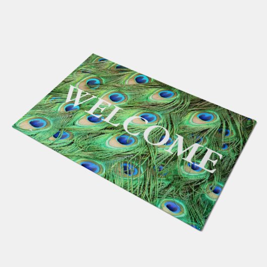 Vibrant Modern Peacock Feathers Welkom Deurmat (Schuin)